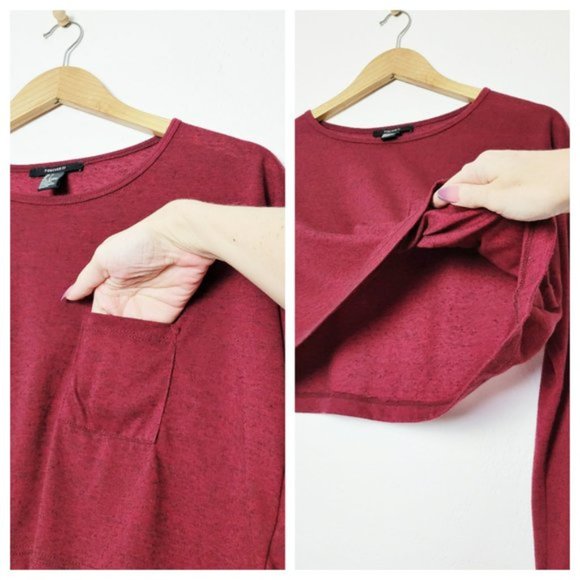Forever 21 Heathered Maroon Long Sleeve Boxy Cropped T Shirt w Breast Pocket - Picture 5 of 15